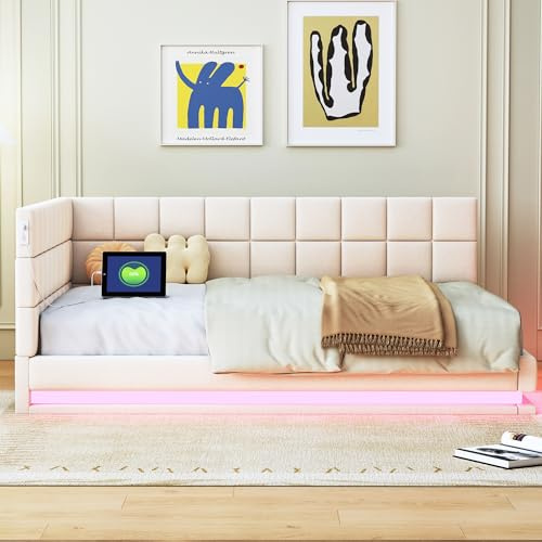 Idemon Polsterbett-Schlafsofa, 140x200CM, Multifunktionsbett, mit Ambientebeleuchtung, USB-Buchse und Lattenrost, hautfreundlicher Samtstoff (beige)