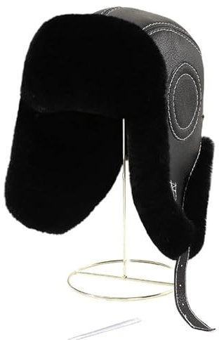 MZSKLW WintermüTze FüR DraußEn Ankunft männer Bomber Hüte Winter Russische Mann Warme Echte Schaffell Leder Hut Männlichen Echt Pelz Caps WintermüTze FellmüTze(Black,56cm)
