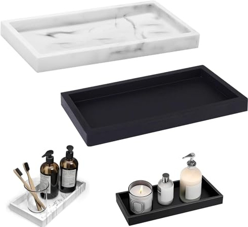 SXTDKMJ 2 Stück Rechteckig Silikon Badezimmertablett, Modern, Schwarz Weiß, für Schmuck, Kerzen, Handtuch