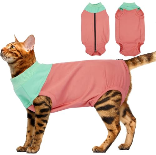 DENTRUN Katzenbody Nach Op Ärmelloser Katze Body Operation Kastration Katzen Body Halskrause Alternativen Katzenbekleidung Anti-leckender Cat Spay Erholungsanzug (Rosa, S)