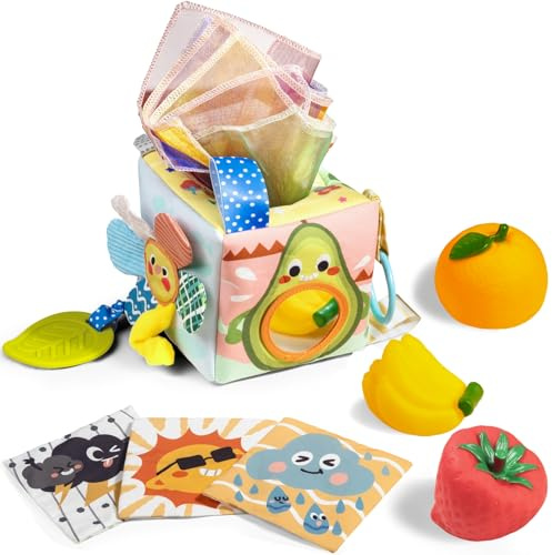 TUMAMA Juguetes para bebés Caja de pañuelos Juguete Montessori 0 3 6 12 Meses Bebés, Juguetes para agarrar Frutas,Juguetes sensoriales para con Colores Contrastantes para bebés Regalos | Textura rica, patrones divertidos y sonidos, estimulación visual promueve la exploración, regalos para recién nacidos