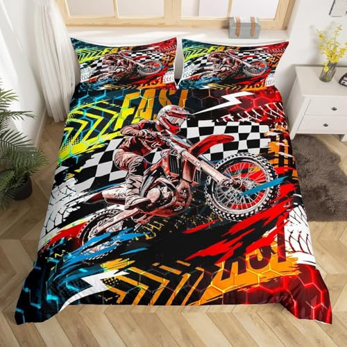 RZPFQB Moto Cross Parure de Lit 200 x 200 cm Extrême Sports Housse de Couette pour Enfant GarçOn Fille Ado Courses Motocross Rider Linge de Lit Microfibre Couvre Lit