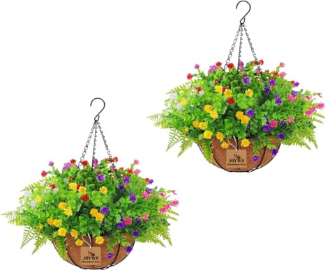 JOYWU Artificial Fake Hanging Plants Flowers with Basket for Outdoor,2 Set 44cm Hanging Planters with Violet and Ferns,Spring Summer Home Garden Decoration,UV Resistant Faux Plants in Coconut Pot