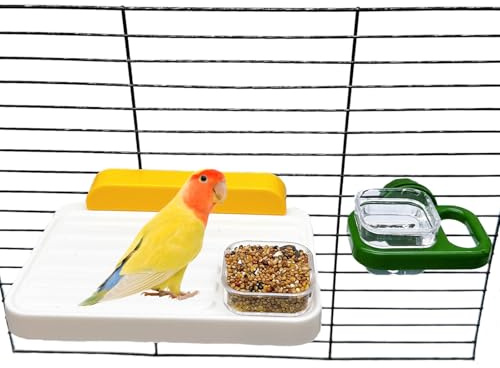 Hamiledyi Bird Cage Feeder with Platform Bird Feeding Cups with Perch Stand Feeder Bowl Cage Accessory for Parakeets Conures Cockatiels Parrot Lovebird