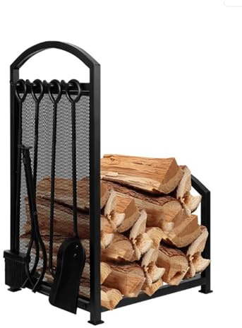 Kaminholzhalter, Kaminholzständer aus Metall, Holzaufbewahrungsset for den Innen- und Außenbereich mit Kaminbesteck-Set