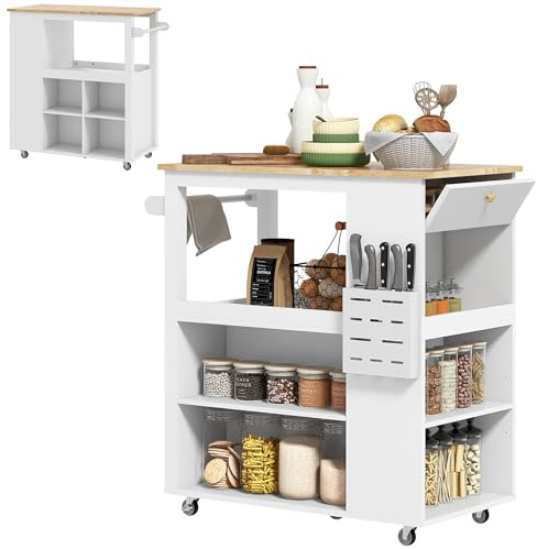 HOMCOM Carrello da Cucina con Ruote e Ripiani Regolabili, Isola Cucina con Piano di Lavoro in Legno di Caucciù, Portacoltelli e Portasciugamani, per Cucina e Soggiorno, 86.5x47x88 cm, Bianco