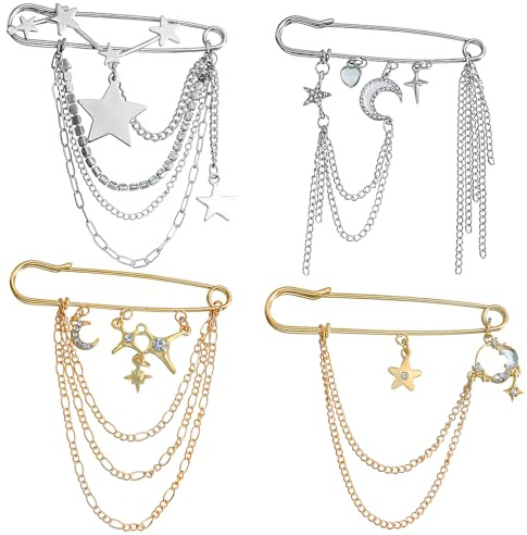XFSRG 4 teiliges Stern Mond Kragenpin und Broschen Set Quasten Sicherheitsnadel mit Kette für Kleidung der Punk Hip Hop und Vintage Serie