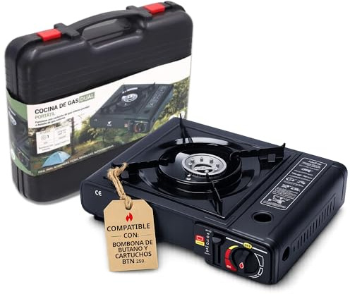 HUMPTI Hornillo Camping Gas Portátil 1 Fuego Negro con Maletín - Cocina Gas Compacta Compatible Cartucho 227g Tipo MSF-1A - Uso Exterior Práctico para Camping y Camper