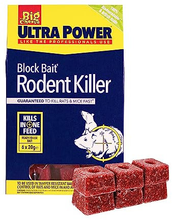 The Big Cheese Ultra Power Block Bait Rodent Killer - 20 g x 6, Rat and Mice Brodifacoum Poison Blocks, Fast Acting, Biodegradable, British Grain, Indoor Outdoor All Weather, Red