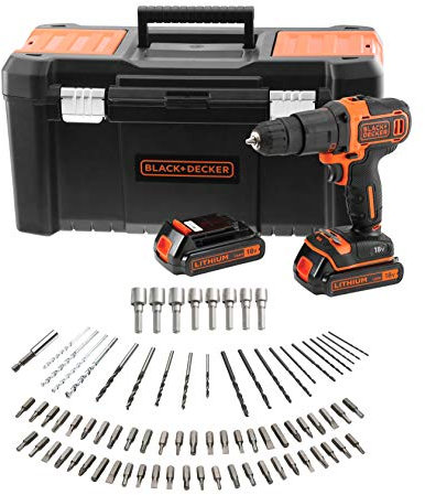 BLACK+DECKER BCK186S2KA-QW Akku-Bohrschrauber – 25 mm in Holz – 10 mm im Metall – 2 Geschwindigkeitsstufen – 80 Zubehörteile – Lieferung in Werkzeugbox, 18 V, 2 Akkus