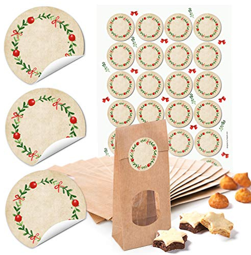 Geschenktüten Weihnachten, 24 Stück: Weihnachtstüten, Papiertüten zum Befüllen, Tüten für Lebensmittel, Plätzchen & Geschenke, Geschenktüte Adventskalender, Mit Weihnachtsaufkleber, 7 x 4 x 20,5 cm