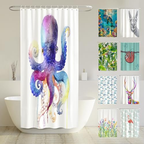 arteneur Anti-Schimmel Duschvorhang 120x200 cm Wasserfarben Tintenfisch | Textil recycelt, OEKO-TEX 100, 40°C Maschinenwäsche, blickdicht, wasserdicht, beschwerter Saum, mit 8 recycelten Ringen