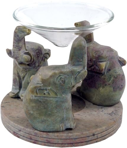 Lampada di Fragranza Indiana, Diffusore di Olio Essenziale, Supporto per la Luce del tè per L`aromaterapia, Lampada Aromatica in Pietra Ollare con Piastra di Vetro - Elefanti, Grigio, 11x9x9 cm