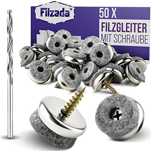 Filzada® 50x Filzgleiter Schrauben - Ø 22 mm - Profi Stuhlgleiter/Stuhlbeinschoner Filz mit Schraube - Inkl. Bohrer - 5,5 mm Filzstärke