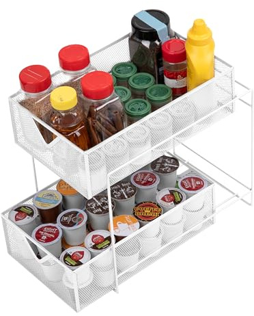 Mind Reader CABASK2T-WHT Sliding Metal Baskets, Cabinet Storage Organizer, Home, Office, Kitchen, Bathroom, Steel, White 2 Tier Mesh