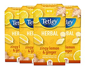 Tetley Zingy Lemon & Ginger Herbal Tea Bags - Naturally Caffeine-Free - Perfectly Balanced Citrus & Spice Infusion - Ideal for Relaxation - Rainforest Alliance Certified - 80 Teabags (4x20 Pack) | Herbal Tea, Caffeine-Free, Britain's Tea, 85+ Years of Tea Heritage, Rainforest Alliance Certified, Multipack