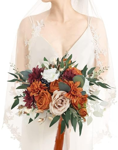 Rinlong 32,5 cm Herbst-Hochzeitssträuße für die Braut, gebrannter Orange, Brautstrauß für Hochzeit, künstliche Terrakotta-Blumensträuße, Boho-Seidenblumen für Hochzeitszeremonie