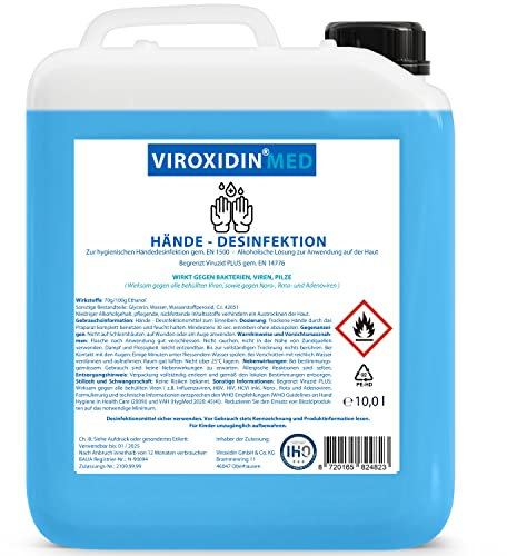 Viroxidin Med Desinfektionsmittel für Hände 10l - VERGLEICHSSIEGER - Handdesinfektionsmittel gegen Bakterien, Viren & Pilze für Hygienische Handdesinfektion - Begrenzt Viruzid PLUS gem. EN 14776