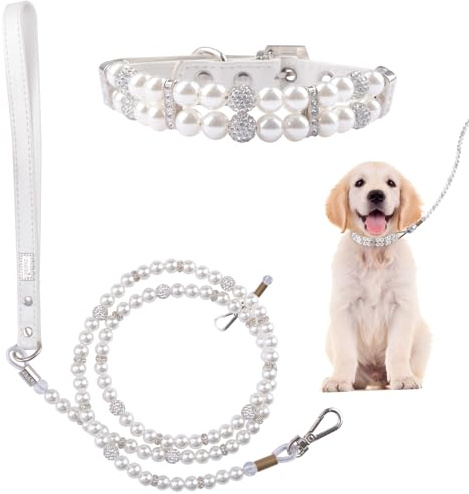 HACRAHO Pearl Hundeleine und Halsband, 2 Stück, für Hunde und Katzen, mit Perlen, verstellbar, mit Strasssteinen für Hunde, Katzen, Welpen