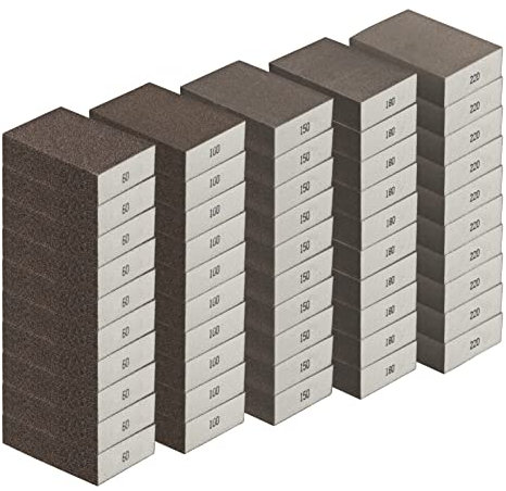 50x Schleifschwamm im Set-Angebot: JE 10x GROB K60 10x Mittel K100 10x Mittel/FEIN K150 FEIN K180 SEHR FEIN K 220 Aluminiumoxid Nass-& Trockenschliff Schleifpapier Schleifpad Schmirgel Schleifschwämme