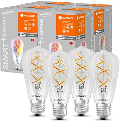 LEDVANCE Smarte LED-Lampe mit Wifi Technologie, E27, RGB, Edisonform, Farbiges Filament als Stimmungslicht, Ersatz für herkömmliche 60W-Glühbirnen, steuerbar mit Alexa, Google & App, 4er-Pack