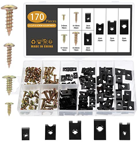 Kinsinder 170 Stück U-Clip Mutter und Schrauben Set, Schraube Mutter Clip Kit, Blechmuttern Sortiment, U-Typ Blechmuttern, U-Typ Metall Clipmutternfür Auto
