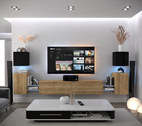 Furnitech Wohnwand Wohnzimmer | Hängend Wohnwand Modern | Wohnzimmer Schrankwand mit Regale und TV Schrank | Wohnzimmer Möbel ohne LED (AN105-21BDZ-HGM6 1A)