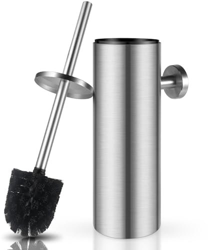 WAVEWO Toilettenbürste Edelstahl, Wandmontage & Stehen Klobürste mit Spritzwassergeschützter Deckel, WC-Bürste Hälter mit Behälter, Langer Griff Bürste für Badezimmer, 8,8 * 8,8 * 39, Silber