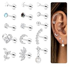 MILACOLATO 16G Piercing Oreja Cartílago Para Mujer Acero Quirurgico Pequeño Ópalo Estrella Perla Tragus Pendientes Plata, CZ Flor Labret Labio Lóbulo Nariz Helix Oreja Piercing Joyas 15Piezas 15A