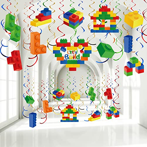 Faccito 51 Pezzi Decorazioni da Appendere per Feste a Tema di Costruzioni Turbinii Sospesi Colorati in Carta Stelle Filanti e Pendenti a Spirale per Feste e Compleanni a Tema di Blocchi Mattoncini
