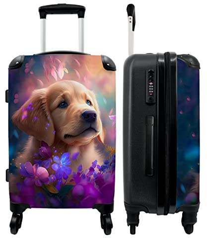 NoBoringSuitcases.com® Mädchengeschenke Rollkoffer Reisekoffe Weichgepäck Koffer Groß Kinder - Hund - Sonne - Blumen - 67x43x25cm