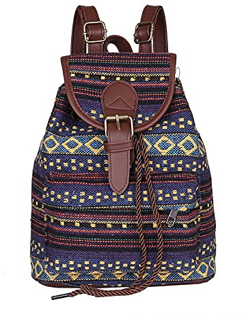 Rucksack Bohemien Klassisch Rucksackhandtaschen Klein Leder undOxford-Stoff Freizeitrucksack mit Kordelzug und Klappe für Schule Einkaufen Reise Arbeit