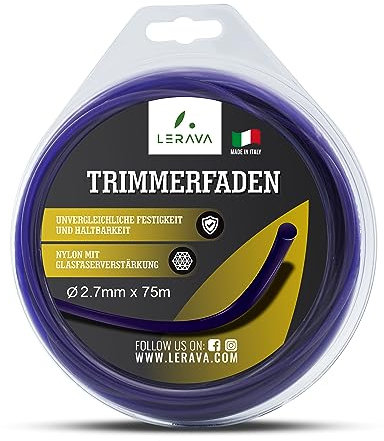 LERAVA® Rasentrimmer Faden 2,7mm - ⌀2.7mm x 75m – Mähfaden aus Nylon mit Glasfaserverstärkung - Robuster und Langlebiger Trimmerfaden - 100% Made in Italy