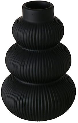 ReWu Blumenvase Schwarz Matt 21cm Rund aus Keramik mit Rillenartiger Verzierung für Blumen Trockenblumen Pampasgras Boho Deko Moderne Vase