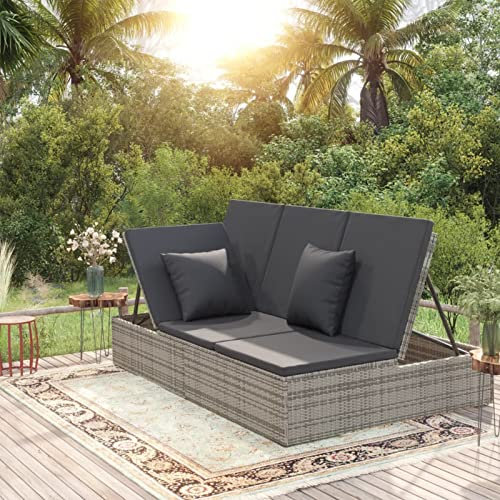 Festnight 2-in-1 Sonnenliege und Sofa Rattan Gartenliege 2 Personen Verstellbar Relaxliege Garten Doppelliege Loungebett Liegesofa Gartenliege Balkon Sofa Liege Gartenbett Dunkelgrau