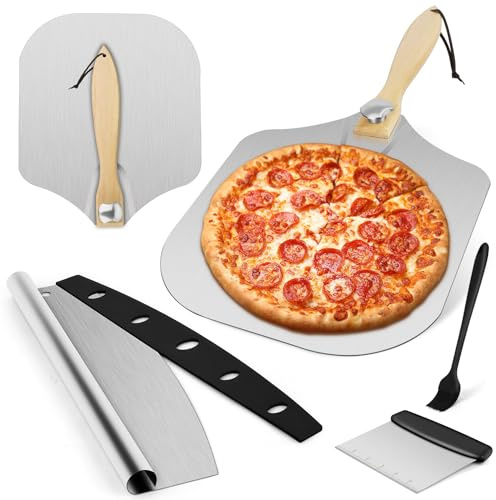 Pizza Peel, 12 x 14 Pizza Spatula for Oven, Aluminum Pizza Paddle with Cutter Scraper Pastry Brush, Pizza Peels Oven Accessories for Baking Homemade Pizza Dough Bread