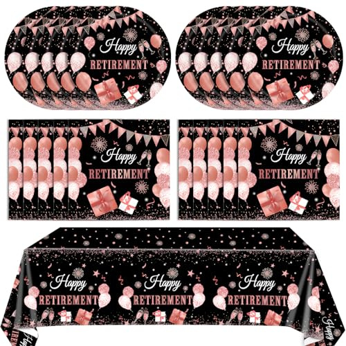 SNIMICS 41PCS Retirement Decorations for Women - Black & Rose Gold Themed - Plates, Napkins, Tablecloth Set for Retirement Party Supplies