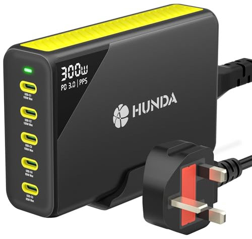 HUNDA 300W-USB-C-Charger GaN PPS-Charger 5-Ports USB-C-Travel-Charger, Support 100W PD3.0/45W PPS/QC4+/QC3.0 Multi-USB-Plug Compatible with MacBook Pro/Air M1,iPad,iPhone,HP,Galaxy,Dell,etc