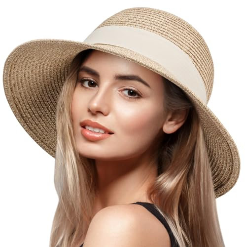 VIFUUR Damen Strohhüte Breiter Rand Sommervisier Strand Sonnenhut Verpackbare UPF UV Faltbare Reise Mix Beige/White L/XL