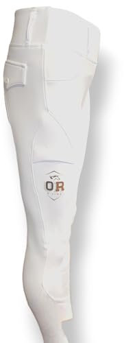 Reitleggings Damen Vollbesatz mit Handytasche, High Waist Reithose, weiße Turnier Sommer Reithose für Damen hoch elastich 4 wege Strech Material (DE/NL/SE/PL, Numerisch, 36, Regular, Regular, weiß)