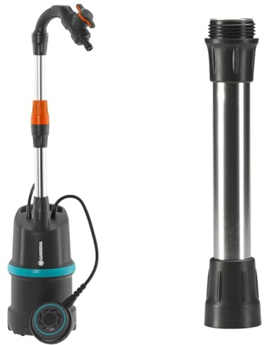 Pompe pour collecteur d’eau de pluie Gardena 4000/1 avec câble : pompe immergée avec filtre intégré & Rallonge de tube télescopique : Tube de rallonge pour pompes de citernes pluviales, 21cm