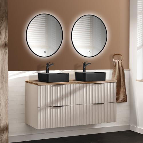 Lomadox Badezimmer Badmöbel Waschplatz Set mit 120cm Waschtisch, 3-teilig, in Kaschmir und Eiche, mit Keramik-Waschbecken, Spiegel, LED-Beleuchtung