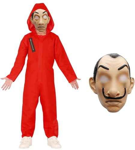 UZNIYTR Carnevale Tuta da Rapinatore di Banche, Halloween Unisex Costume da Ladro Tuta Rossa Pagliaccetto, Costume per Bambini con Maschera Dali Salvador per Cosplay Costume (130-140cm)