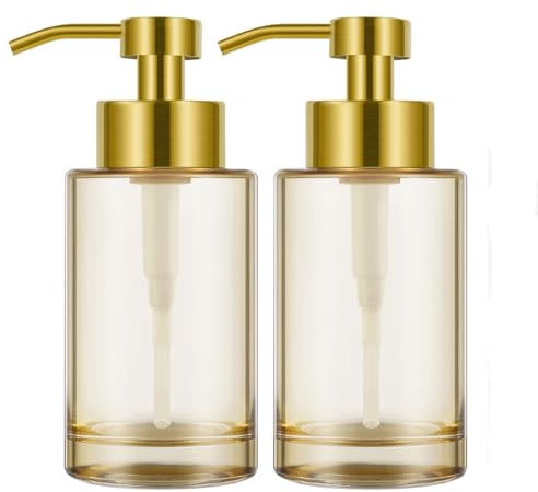 Gold Soap Dispenser 2Pack with Stainless Steel Pump,12oz Thick Glass Soap Dispenser,Refillable Hand Liquid Soap Dispenser with Label for Bathroom and Kitchen