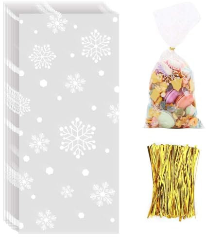 SULOLI 120 Stück Weihnachten Plätzchentüten,durchsichtige Schneeflocke Cellophantüten,Süßigkeiten Kekse Taschen mit Bindfäden für Kinder,Weihnachten,Party.