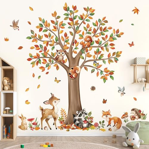 decalmile Wandsticker Große Baum Waldtiere Wandtattoo Hirsche Hase(XL) | Abziehbare und Aufklebbare Wandaufkleber, DIY Abnehmbare Wandkunst Abziehbilder, Wandfreundlich, Leuchtenden Farben