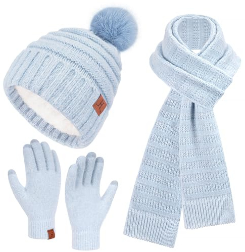 Bequemer Laden Womens Winter Hats Scarf Gloves Set, Warm Fleece Lined Beanie with Pom Poms Long Scarves Touchscreen Gloves for Women Cold Weather Gifts