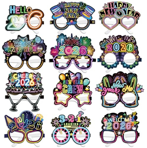 DPKOW Neon 2026 Silvester Brillen, 24 Stk Papier Brillen Happy New Year Partybrillen für Neujahr Accessoires 2026 Neon Silvester Party Zubehör Gadget Foto Requisiten