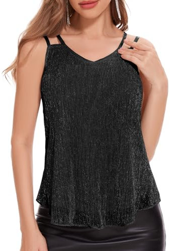 DRESSTELLS Pailletten Oberteil Damen Schwarz Glitzer Top Spaghetti Ärmellos Shirt Metallic Blaues Glitzertop Frauen Party Sommer Outfit Sexy Vest Disco Tshirt Black L