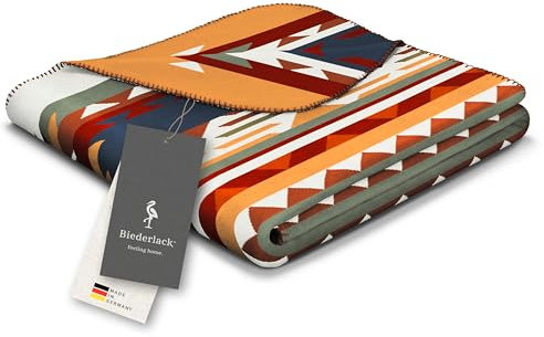 Biederlack Weiche Kuschel-Decke 'Pueblo' - Ethno Wohndecke in Blau-Gelb-Grün-Natur - Made in Germany - Bunte Sofa-Decke 150x200 cm - Nachhaltig Produziert - Öko-Tex Made in Green